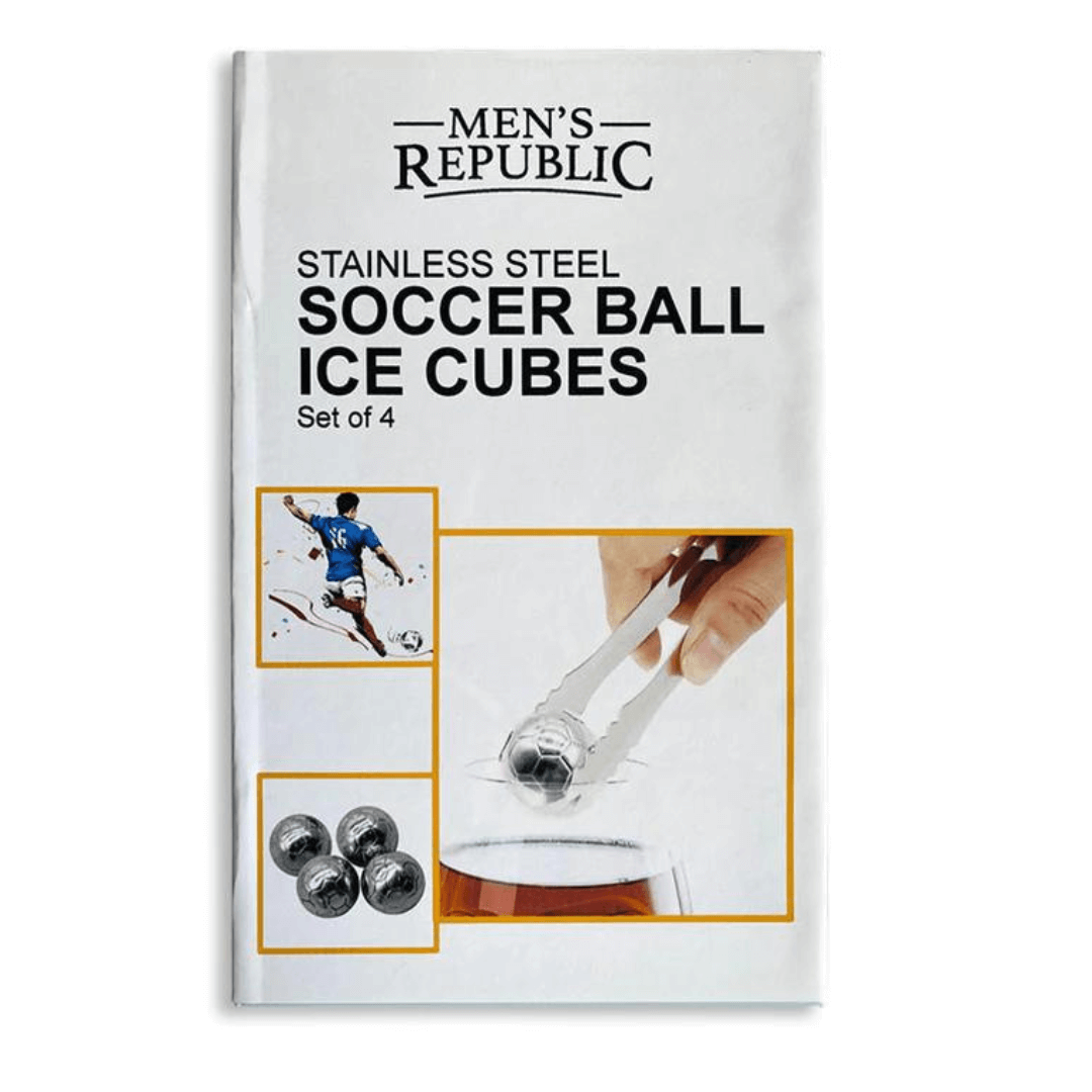 Stewart's Menswear Men's gifts. Stainless Steel soccer ball shaped ice cubes. Set of 4 stainless steel soccer ball shape ice cubes.  Use these in your whiskey glass to enjoy a chilled drink without diluting.   These ice cubes are tasteless, non-toxic, last long, anti dust material, cools your drink down quickly and easy to clean. Simple to use. Just store them in your freezer and they are ready to use in just a couple hours!