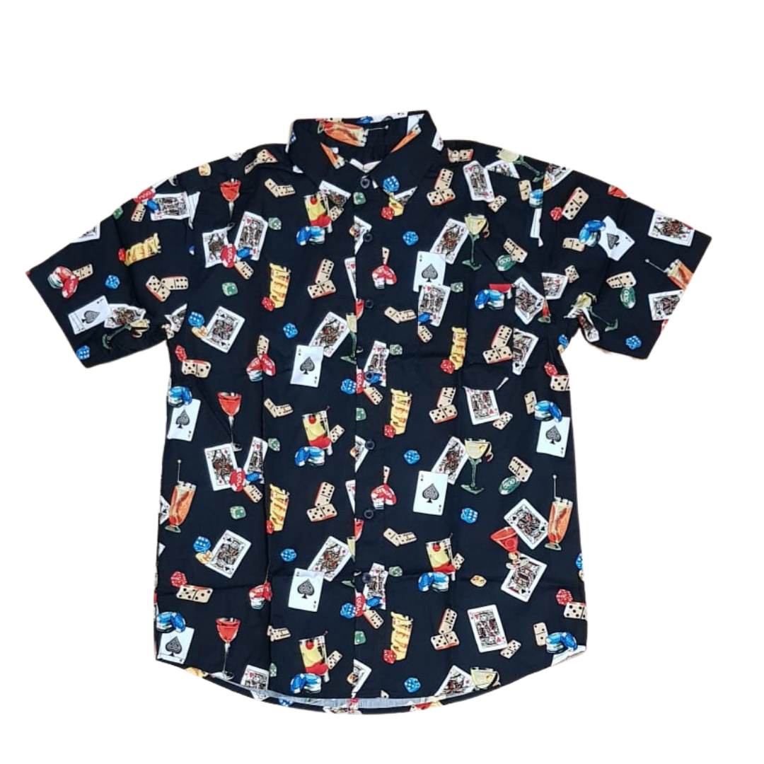 Men's 100% cotton hawaiin shirt. Great Hawaiian party shirt made from cotton, so cool in summer. Print is blackjack. Shirt is black and printed all over with playing cards, dice, and cocktails.