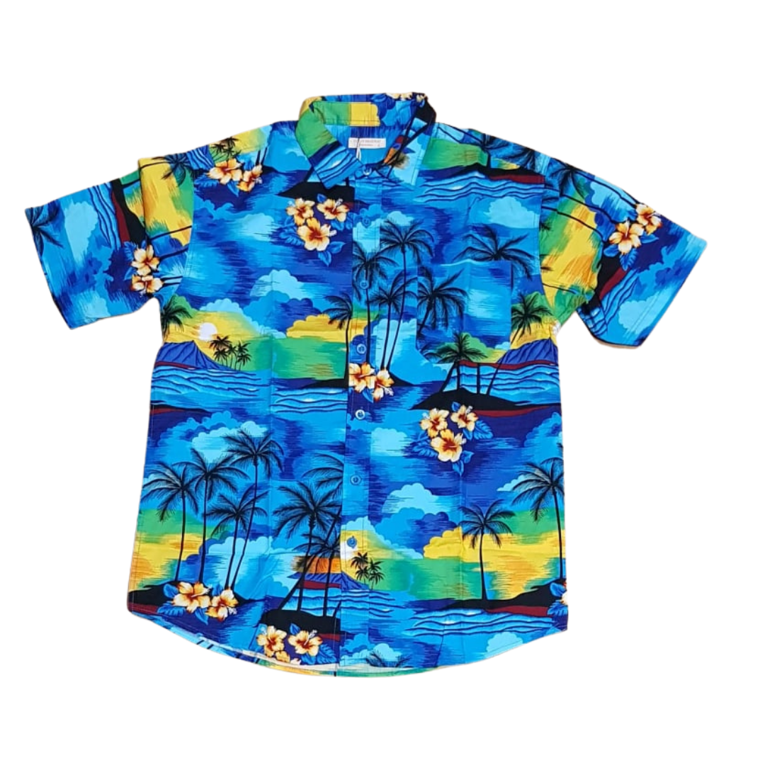Men's 100% cotton hawaiin shirt. Great Hawaiian party shirt made from cotton, so cool in summer. Print is island paradise mainly aqua blue shades (water) with palm trees, islands, hibiscus flowers and yellow sunset.