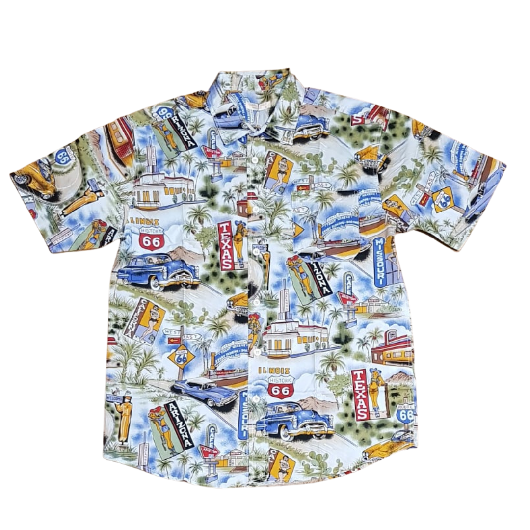 Men's 100% cotton hawaiin shirt. Great Hawaiian party shirt made from cotton, so cool in summer. Print is Route 66. Shirt is light coloured and printed all over with old cars (yellow and blue), road signs including Texas (red), Arizona (black), Missouri (blue), and Route 66 (red). Also has palm trees and buildings.