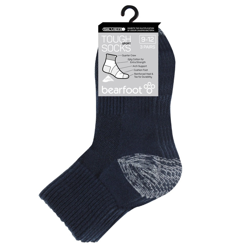 Bearfoot® cotton sport socks are made of a high percentage of cotton, blended with polyester for strength and elastane for stretch. The soft terry lined foot provides comfort and cushioning. This quarter crew style is designed to sit above the ankle and is an ideal sock for school children. Colour is navy