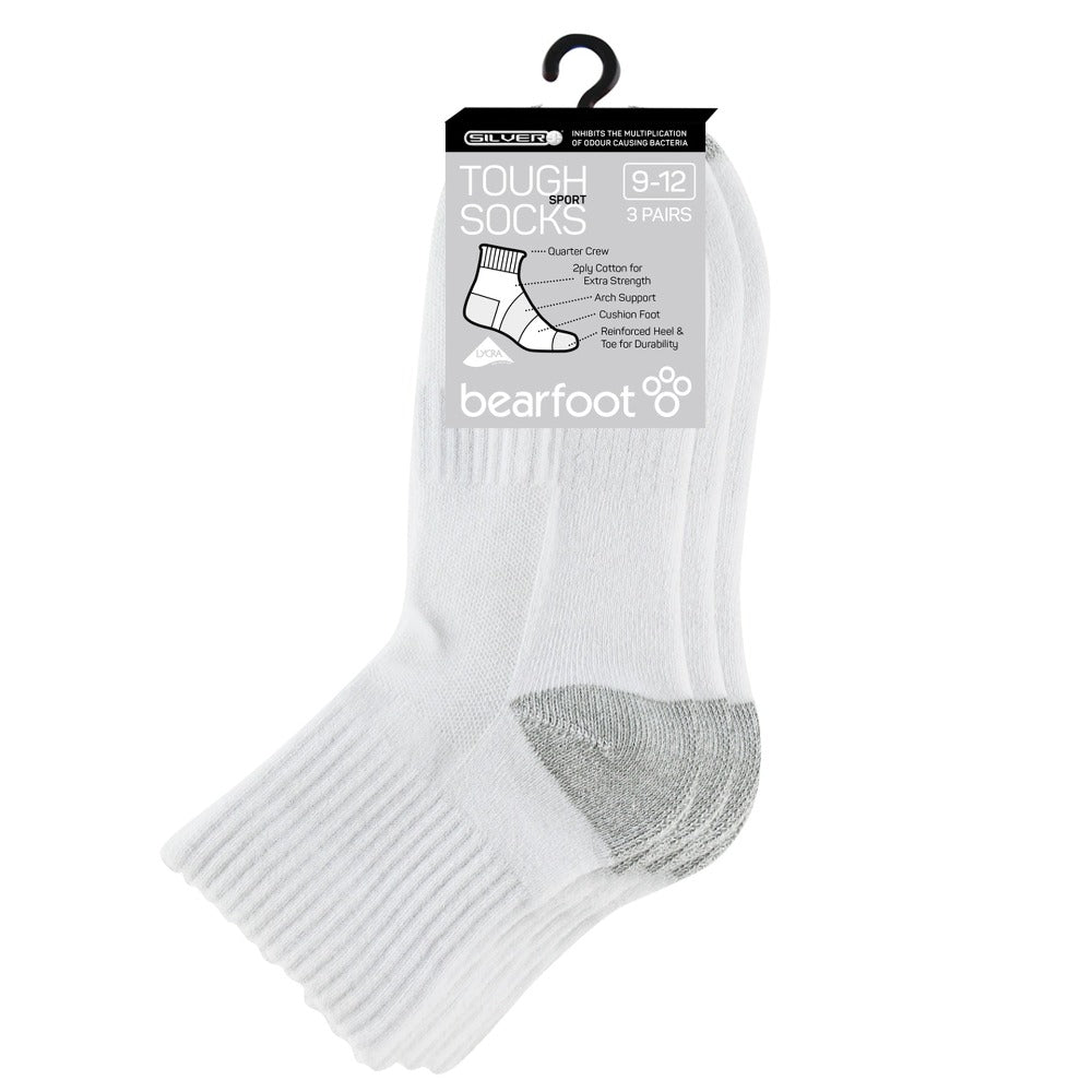 Bearfoot® cotton sport socks are made of a high percentage of cotton, blended with polyester for strength and elastane for stretch. The soft terry lined foot provides comfort and cushioning. This quarter crew style is designed to sit above the ankle and is an ideal sock for school children. Colour is white