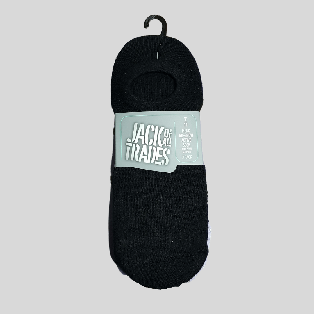 Stewarts Menswear, Mullumbimby. The Jack of all trades no show action socks 3 pack.     Sits inside sport shoe for a no-show look.  Extended heel pocket stops socks from slipping.  Arch support and flat toe seam provide comfort.  Cushion Foot. Colour is Black