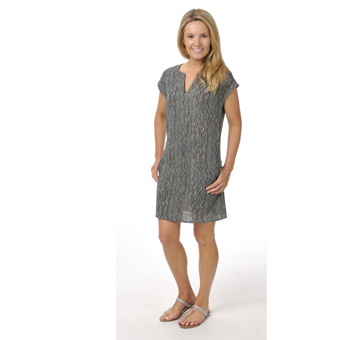 Stewart's Menswear Mullumbimby Kingston Grange bamboo ladies dress. Colour is seed dreaming. A predominately khaki colour with all over indigenous print.