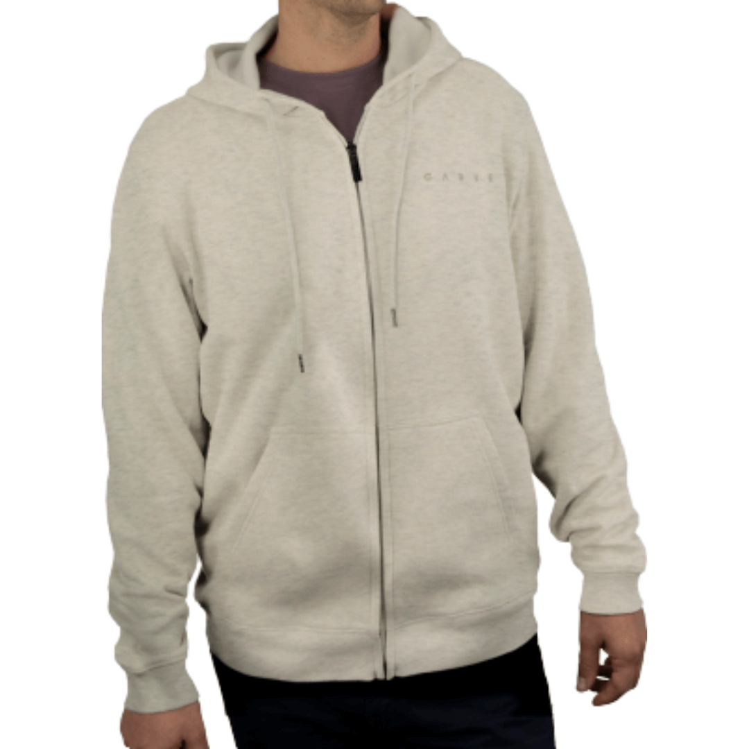 Knarley is a men's zip front hooded jacket from Carve surf brand and is made with a 280gsm cotton-polyester blend, making it durable as well as warm.  A small understated same colour left chest embroidered Carve logo finishes off this classic regular fit Hoody. You can easily store your essentials like keys, phone, or wallet in the front pockets. With sizes from S to 5XL, no-one is excluded from having up to date seasonal fashion. Colourway is Oatmeal Marle.