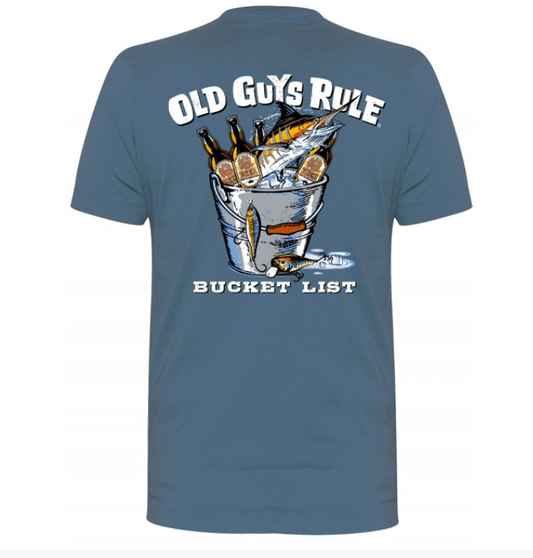 A stone blue 100% cotton men's T-shirt with novelty print. "Bucket List". Print is a metal bucket full of beer and freshly caught fish. Old Guys Rule men's novelty print Tee shirt.
