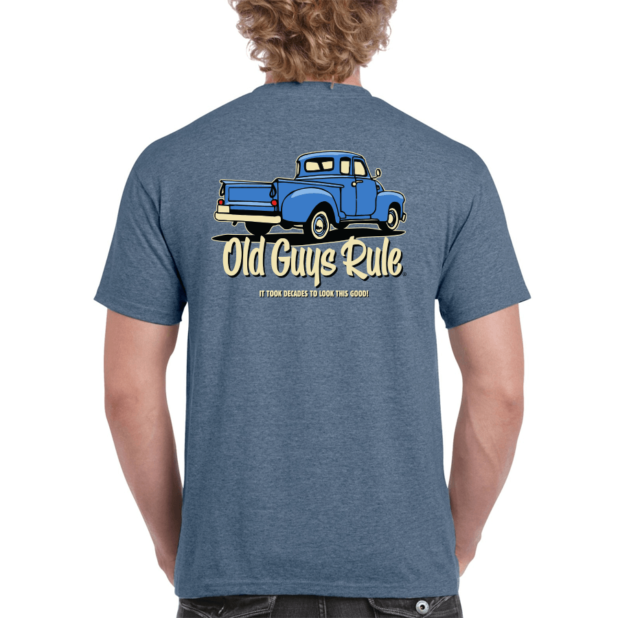 A blue 100% cotton men's T-shirt with novelty print. "It took decades to look this good". Print is  a vintage ute. Old Guys Rule men's novelty print Tee shirt.