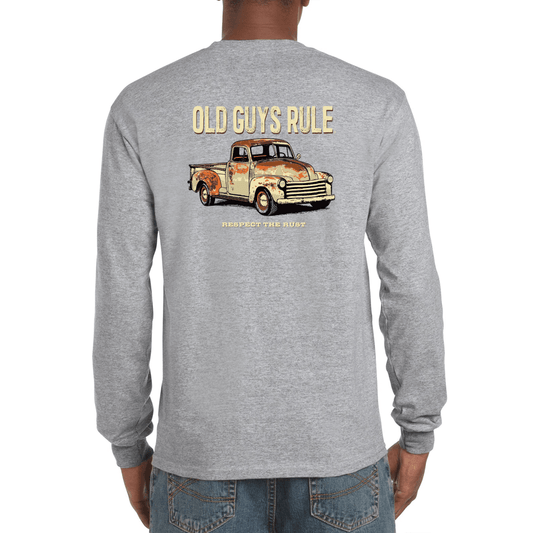 OLD GUYS RULE ~ Respect the Rust! A fun slogan and the perfect gift for any man who enjoys wearing their personality and showing their confident style! Perfect for the "Old Guy" in your life, give them a tee shirt they’ll wear and wear!  Understated and classy, the big, loud message is on the back and a smaller print version is on the front. Wear it and showcase your personality, because old guys rule! Grey Marle Long sleeve tee-shirt, back view.