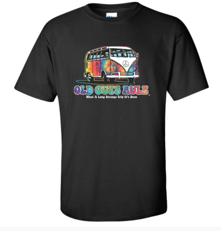 A black 100% cotton men's T-shirt with novelty print. "What a long strange trip it's been." Print is a rainbow tie dyed effect combi van. Old Guys Rule men's novelty print Tee shirt.