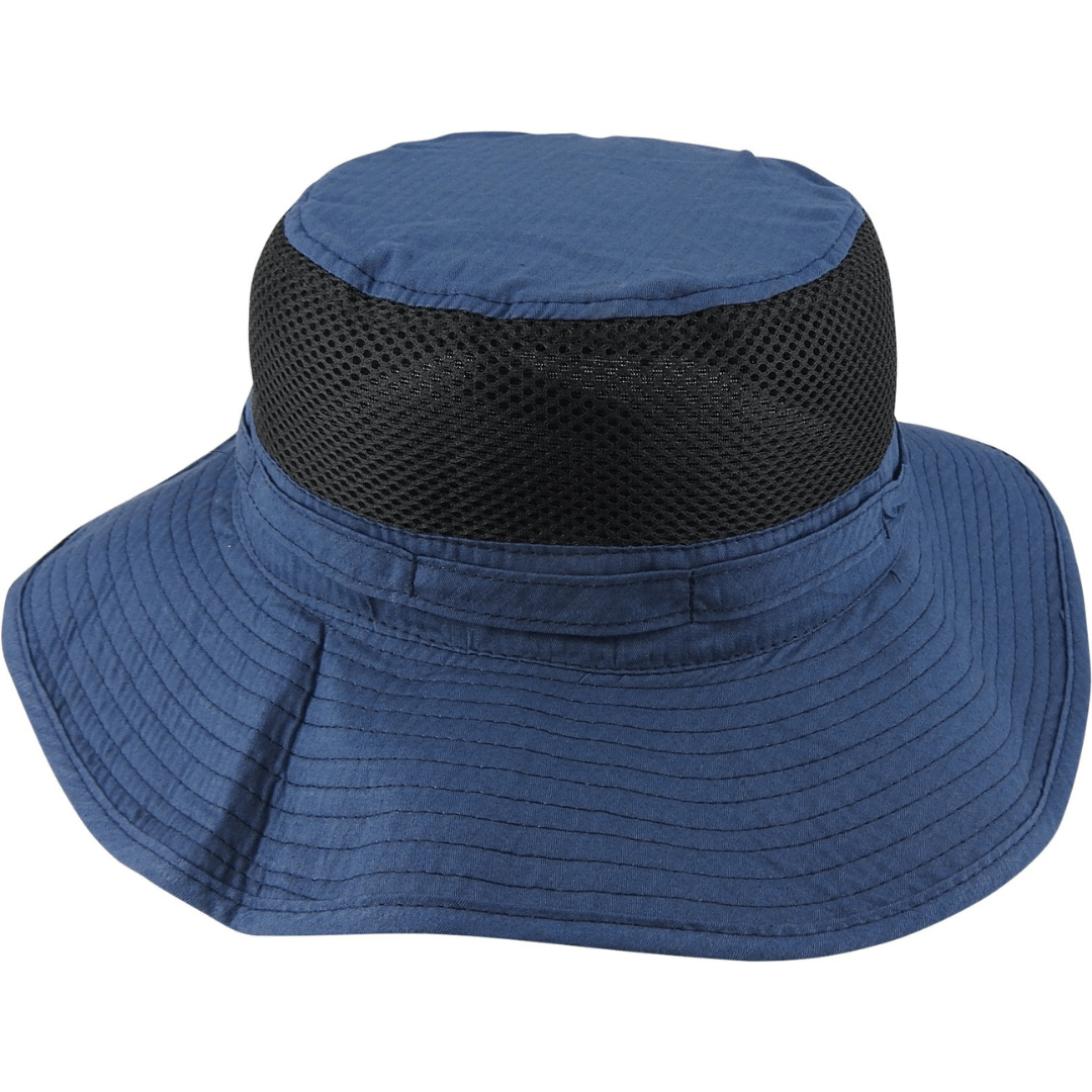 Stewart's Menswear Avenel Hats polyester lightweight mesh hat.  A practical summer hats which is packable, crushable and lightweight making it the perfect choice for outdoor activities and travelling.  This lightweight design with breezy mesh vents for breathability features a wide brim, chin strap and toggle to ensure a secure and comfortable fit. Colour is Navy.