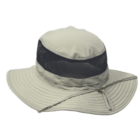 Stewart's Menswear Avenel Hats polyester lightweight mesh hat.  A practical summer hats which is packable, crushable and lightweight making it the perfect choice for outdoor activities and travelling.  This lightweight design with breezy mesh vents for breathability features a wide brim, chin strap and toggle to ensure a secure and comfortable fit. Colour is Putty.