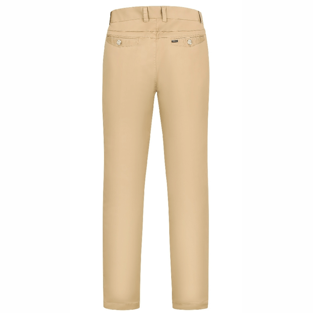 Stewarts Menswear Ritemate Pilbara Classic chino pants, Caramel colour, back view. The Pilbara Classic Chino Pant by Ritemate is the perfect addition to any men's wardrobe.. Made from 98% cotton and 2% elastane with superior garment assembly, twin needle stitching and a quality YKK zipper, the Classic Chino Pant is designed to last.  The action waistband provides a comfortable fit for all day wear and the soft peach finish gives these men's pants a luxurious feel. 