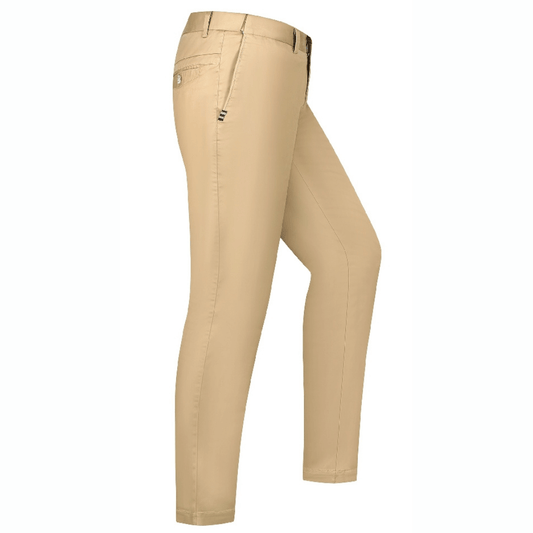 Stewarts Menswear Ritemate Pilbara Classic chino pants, Caramel colour, side view.The Pilbara Classic Chino Pant by Ritemate is the perfect addition to any men's wardrobe.. Made from 98% cotton and 2% elastane with superior garment assembly, twin needle stitching and a quality YKK zipper, the Classic Chino Pant is designed to last.  The action waistband provides a comfortable fit for all day wear and the soft peach finish gives these men's pants a luxurious feel. 