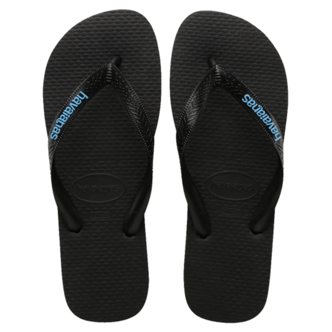 The top view of a pair of Havaiana Thongs. Black footbed with black strap. Strap has raised rubber Havaiana logo coloured light blue.