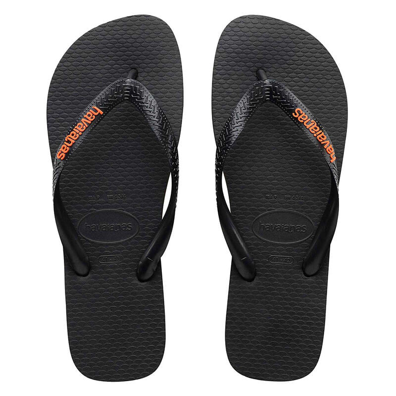 The top view of a pair of Havaiana Thongs. Black footbed with black strap. Strap has raised rubber Havaiana logo coloured neon orange.