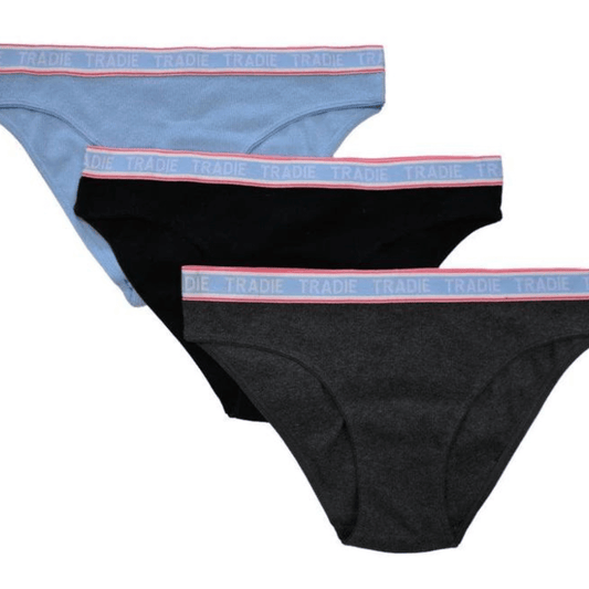 Stewarts Menswear Tradie Lady everyday 3 pack rib bikini. Tradie Lady underwear is made from a blend of cotton and elastane, great for everyday wear.   This 3 pack of bikini cut underwear has a ribbed finish which adds a touch of style and the Tradie branded elasticised waistband ensures a comfortable fit.   The stretch cotton fabric is durable and designed to move with you plus it is machine washable for easy care.  Colours in each pack: 1 x light blue/1 x black/1 x charcoal marle