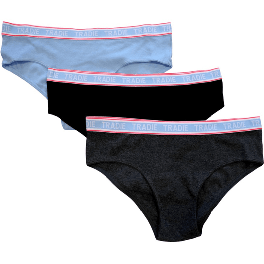 Stewarts Menswear Tradie Lady everyday 3 pack skimpy boyleg brief. Tradie Lady underwear is made from a blend of cotton and elastane, great for everyday wear.   This 3 pack of skimpy boyleg cut underwear has a ribbed finish which adds a touch of style and the Tradie branded elasticised waistband ensures a comfortable fit.   The stretch cotton fabric is durable and designed to move with you plus it is machine washable for easy care.  Colours in each pack: 1 x light blue/1 x black/1 x charcoal marle