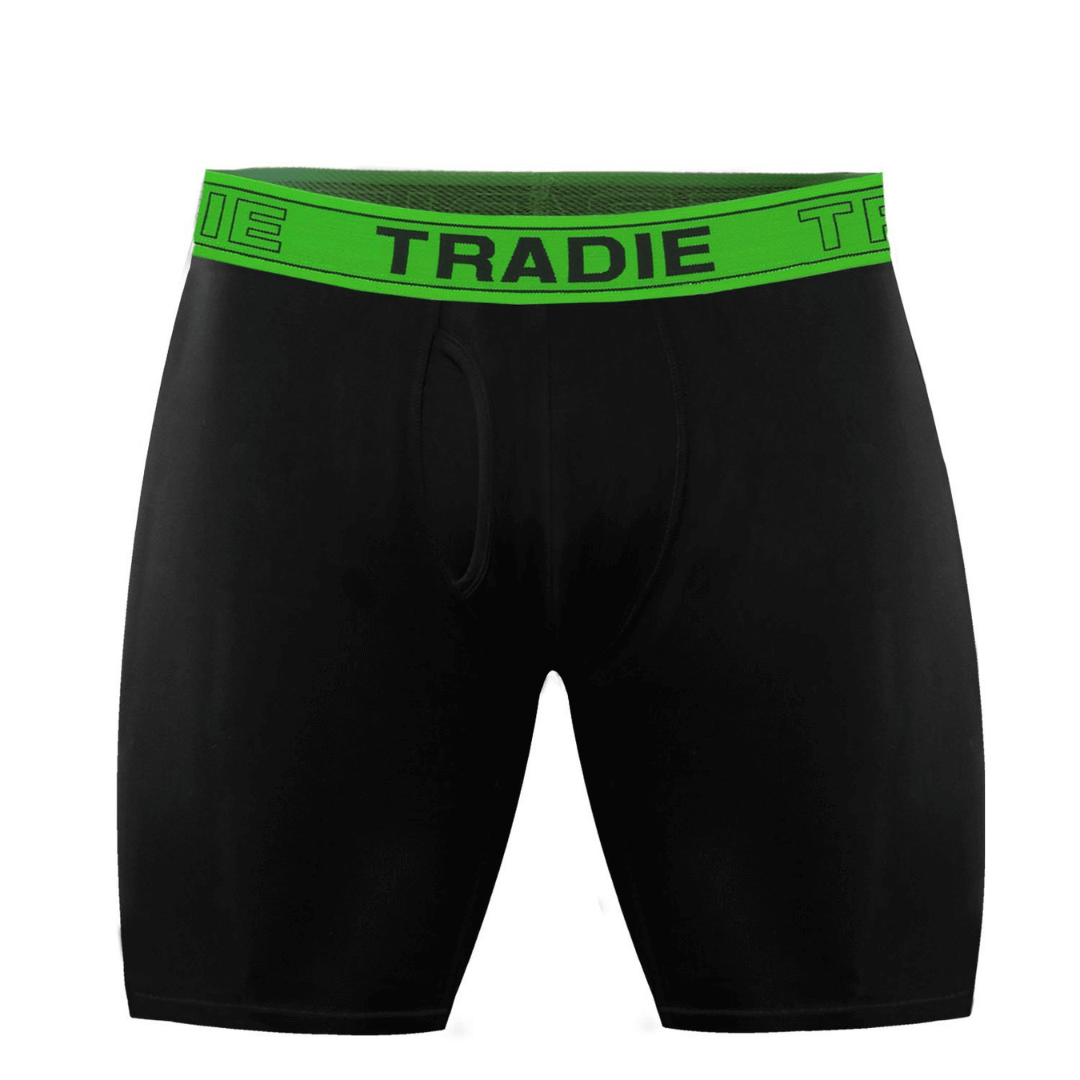 Stewart's Menswear Tradie No Chafe Bamboo long leg trunk.  The unique No Chafe nylon/elastane inner leg panels ensure that chafing is minimized, although  chafing may still occur.  The undies feature a long leg trunk design that prevents ride up and the bamboo fabric is super soft and breathable. Base colour is Black. Lime Green waistband with black Tradie brand. Front view.