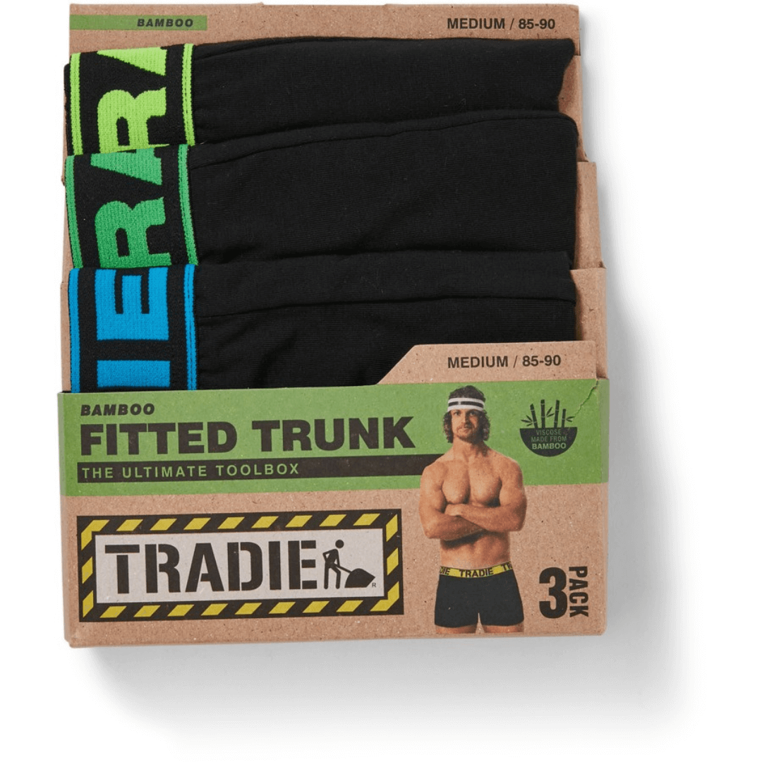 Stewarts Menswear Tradie underwear Men's 3 pack bamboo trunk. A recent addition to the Tradie range, the men's bamboo trunks made from a blend of viscose made from bamboo and elastane for everyday comfort.  Each pack contains 3 pairs of black trunks which feature a Tradie branded elastic waistband and a fully lined pouch. Image of 3 trunks in their recycleable packaging.