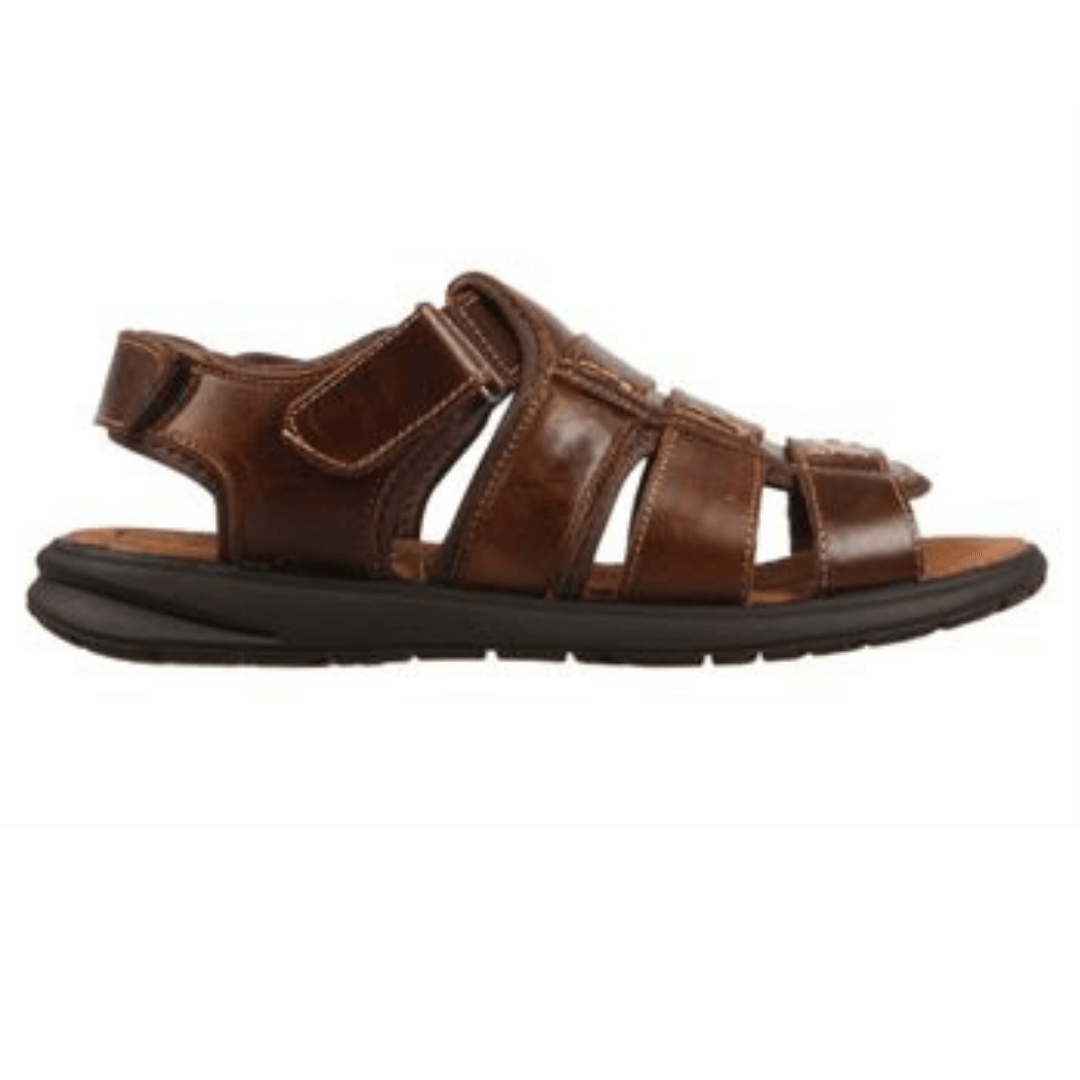 Chester sandals by Woodlands are the perfect everyday leather sandals for men.  Features a leather upper and leather lined padded insole with wo adjustable velcro straps, at the side and back for custom fit. Side View