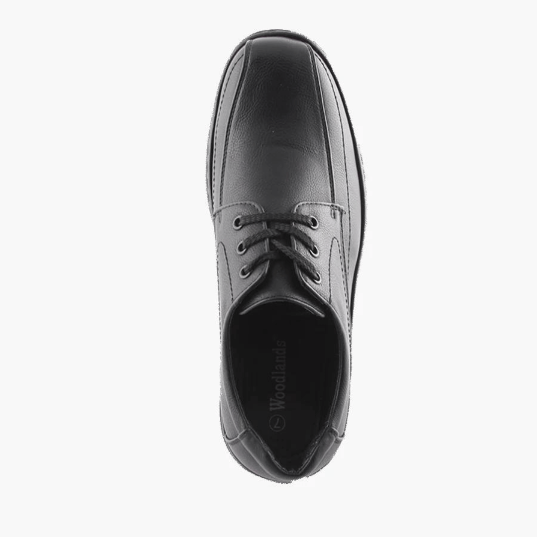 Stewart's Menswear Woodlansd Luai Men's lace up shoe. Luai by Woodlands is a men's lace-up shoe which features patterned stitching and a cushioned collar with a durable rubber outsole.  Man-made upper, lining and sole.  Top View, Colour is black.